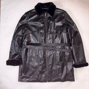 Wilsons Genuine Leather Faux Fur Trim Jacket Mens XL Trench Coat Lined Belted